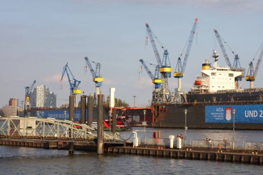 ALMANY, HAMBURG - 2017 AĞUSTOS, Hamburg Alman limanındaki kargo gemileri yükleme ve boşaltma için demirli konteyner terminali. 