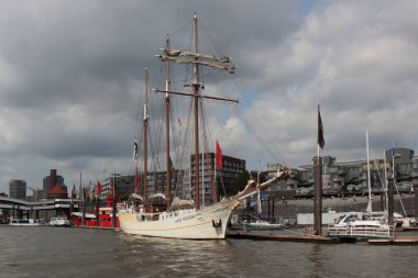 ALMANY, HAMBURG - 2017 AĞUSTOS, Hamburg Alman limanındaki kargo gemileri yükleme ve boşaltma için demirli konteyner terminali. 