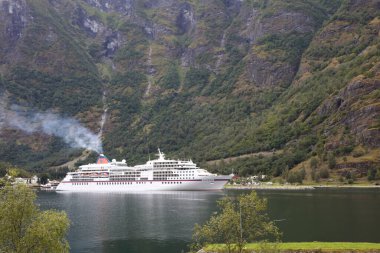 Aurlandsfjorden fiyorduna yanaşan bir yolcu gemisi.