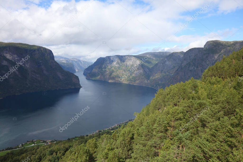 Landscape picture of Aurlandsfjorden fjord in norwegian region Aurland