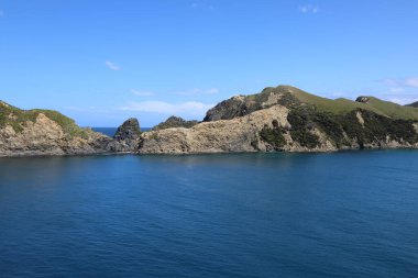 Marlborough Bölgesi, Marlborough Sesleri, Güney Adası, Yeni Zelanda, Okyanusya 'daki çayır ve kayalık kıyı manzarası
