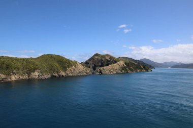 Marlborough Bölgesi, Marlborough Sesleri, Güney Adası, Yeni Zelanda, Okyanusya 'daki çayır ve kayalık kıyı manzarası