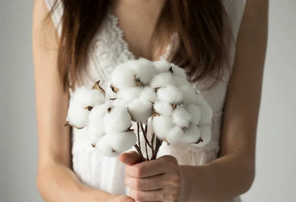 Donna Abito Tiene Mano Mazzo Ramoscelli Naturali Con Fiori Cotone — Foto Stock