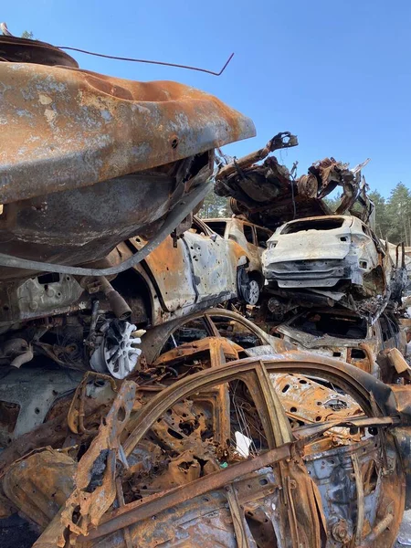 Car graveyard. War in Ukraine. Burnt and blown up car.