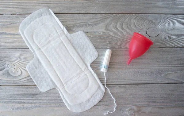 Women Pad Tampon Menstrual Cup Gray Background —  Fotos de Stock