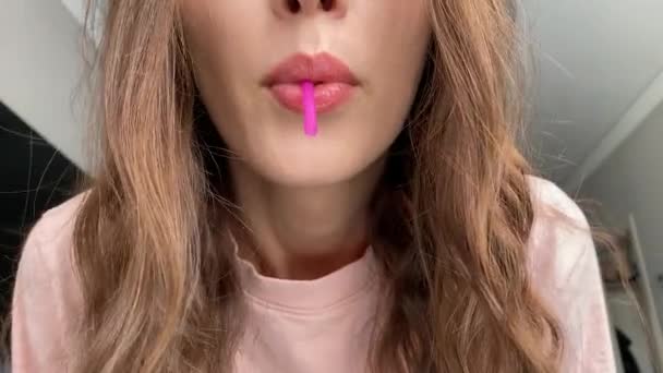 Breathing Exercises Young Woman Inhales Her Nose Exhales Tube Breathing — Stockvideo
