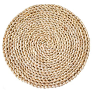 Light brown round hyacinth woven rug on insulated white background