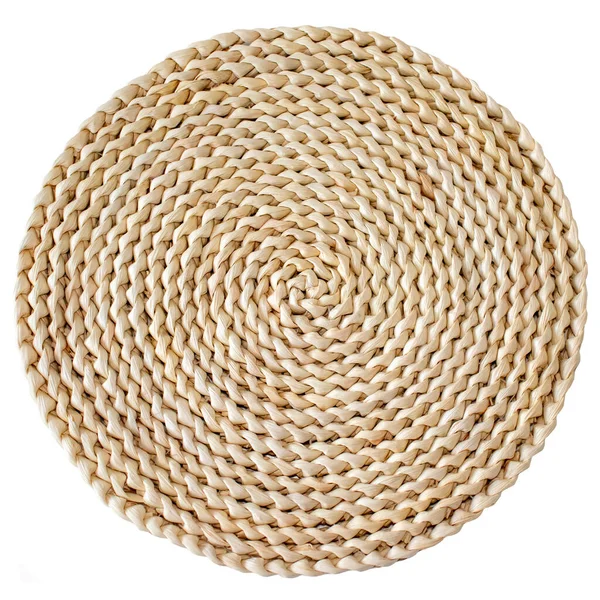 Light brown round hyacinth woven rug on insulated white background