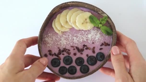 Smoothie Bowl Fresh Blueberries Coconut Flakes Banana Cocoa Beans Mint — Video