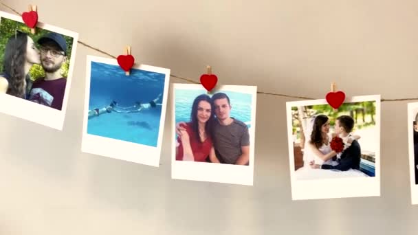 Lots Photos Couple Love Hanging Rope Wall Clothespins Hearts Instant — 图库视频影像