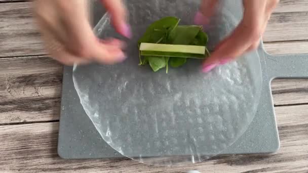 Video Lesson Making Spring Rolls Rice Paper Vegetable Food Vegans — Stockvideo