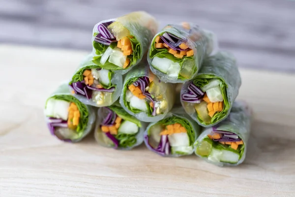 stock image Vegan vegetable spring rolls in rice paper macro photo, selective focus