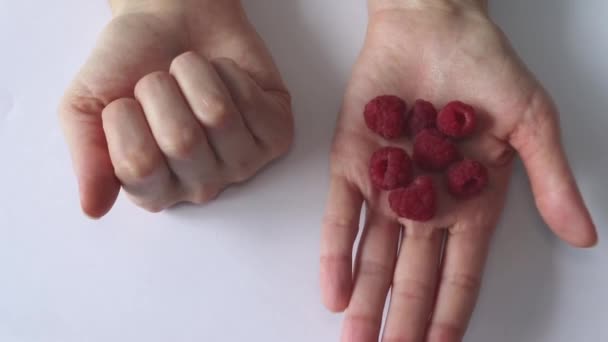 Fresh Natural Fruit Pills Woman Holding Raspberries Supplements Choice Natural — ストック動画