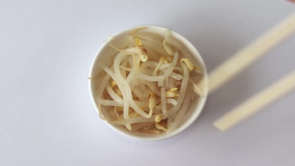 Mung Bean Sprouts White Bowl Woman Takes Sprouts Chinese Chopsticks — Video