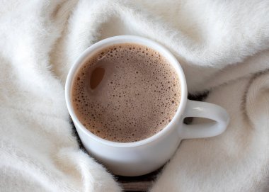 Samimi bir kakao ya da keçiboynuzu beyaz bir fincanda bej bej kabarık bir ekoseye karşı..