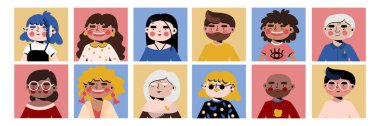 people avatars vector illustration set. diverse human face icons. collection of user pictures. different age, ethnicity, gender, and skin tone. multicultural comunity. men and women
