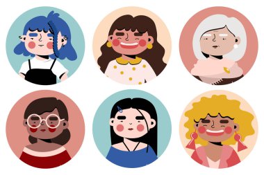 women avatars vector illustration set. diverse women face icons in circles. collection of user pictures. different age, ethnicity, gender, skin tone
