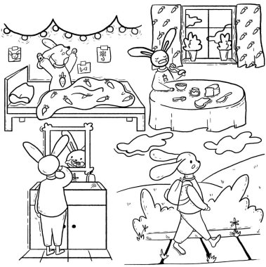 outline illustration of bunny doing his morning routine