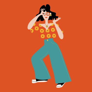 a girl in 70s retro outfit dances and makes hand glasses