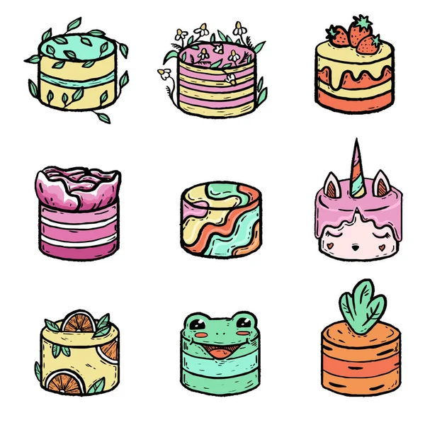 set of cute colorful cakes vector illustration. unicorn cake, strawberry cake, orange cake, frog cake, carrot cake, birthday cake
