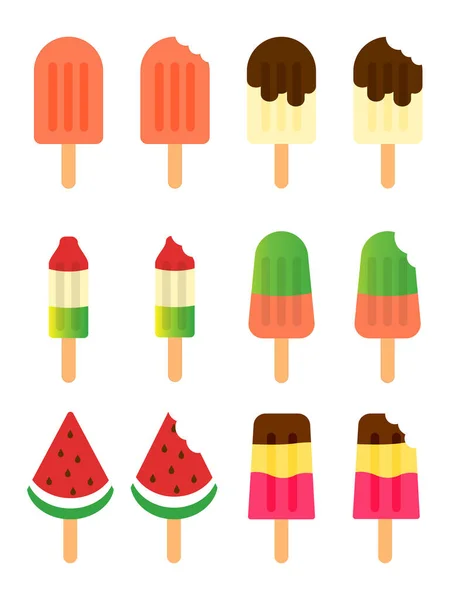 Whole Chewed Colorful Ice Cream Popsicles Different Shapes Vector Ilustration — Stock Vector