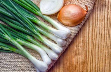 Çuval bezinde taze soğan, yakın plan. Çok vitaminli yiyecek..