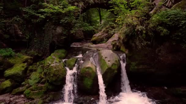 マルレルサルルクセンブルクの森の中にある古い石造りの橋のアーチの下に美しいシーセンテンペルの滝 流れる水の上に低い角度の眺め前方の動き — ストック動画