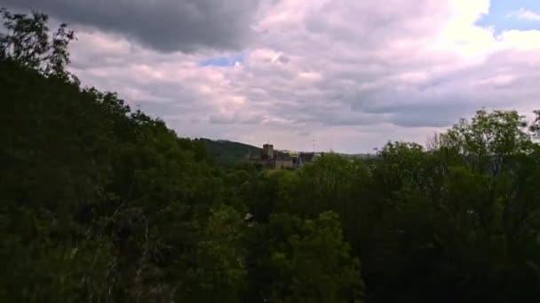 Aerial Footage Roll Drone Takes Trees Revealing Bourscheid Castle Top — Vídeos de Stock