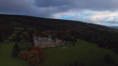 Belçika Ardennes 'in ortasında, sonbahar ormanları ve ineklerle çevrili güzel otel kalesi Chateau de Froidcour' un hava manzarası. Dolly vurdu.