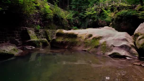 大きな岩 新鮮な緑の葉 ルクセンブルクの森の古い橋の後ろから滝を明らかにする マルラータル シーセンタンペル — ストック動画