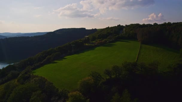 Aerial View Top Mountain Road Cars Passing Meadow Freshly Mowed — Video Stock