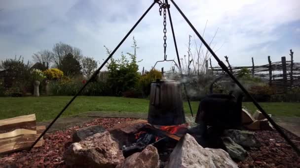 Old Percolator Coffee Pot Tripod Boiling Campfire Refractory Cobblestones Tea — Stockvideo