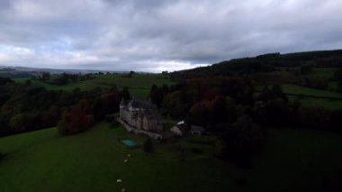 Belçika Ardennes 'in ortasında, sonbahar ormanları ve ineklerle çevrili güzel otel kalesi Chateau de Froidcour' un hava manzarası. Belçika Ardennes dolly çekimi