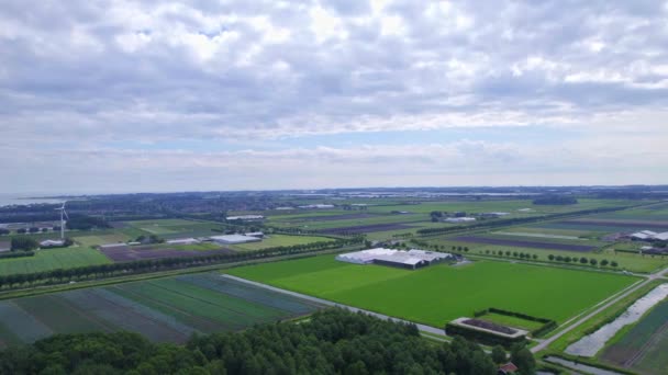 Panoramisch Uitzicht Groene Grasvelden Landbouwgrond Kassen Provinciale Weg Met Vrachtverkeer — Stockvideo