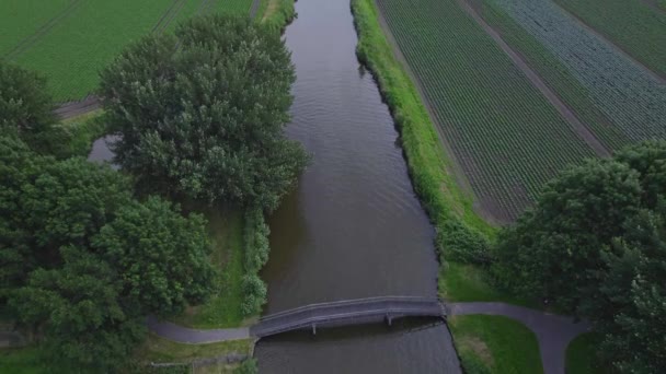 汽笛鸣响 运河上的船在桥上驶离视线 田里的庄稼 交通和一个风力涡轮机为背景 荷兰郊区景观4K 荷兰自然与农业鸟瞰 — 图库视频影像