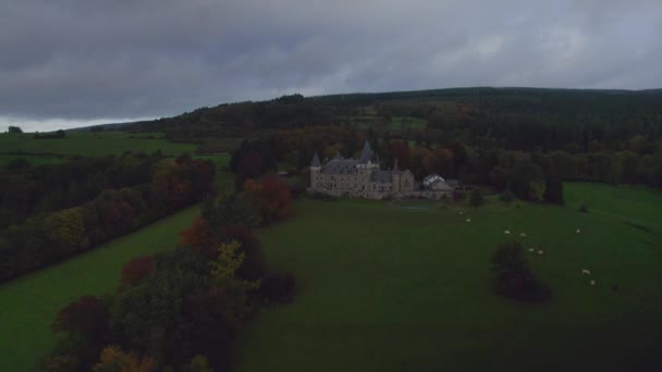 Piękny Zamek Chteau Froidcour Środku Belgijskich Ardenów Otoczony Lasami Łąkami — Wideo stockowe