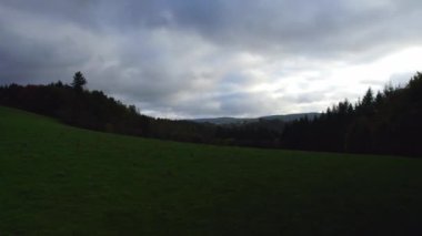 Hava görüntüsü. Sonbaharda Belçika Ardennes 'te bulutlu bir gün, insansız hava aracı yavaşça çayırların, dağların ve vadilerin üzerinden kuş bakışı bakıyor. Yeşil çam ormanları ve sonbahar renkli yaprak döken ağaçlar