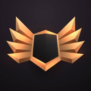 Geometric shape golden emblem with wings for game ui design
