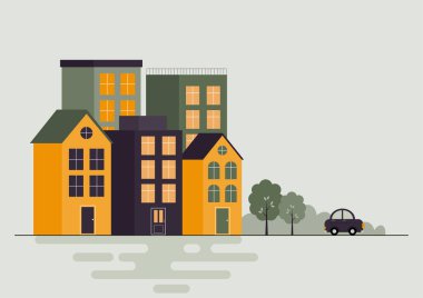 Park ve gölü olan küçük bir kasaba. Minimum geometrik düz dizaynlı şehir manzarası. Metin için kopya alanı olan şehir manzarasının vektör illüstrasyonu. 