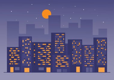 Gece görüşünde modern binalar olan şehir manzarası. Minimum düz dizaynlı şehir manzarası. Vektör İllüstrasyonu.