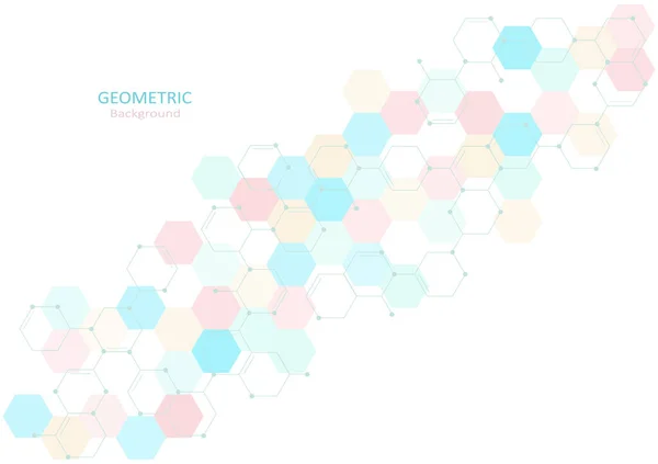 Geometrik soyut şablon tasarımı, altıgen ve beyaz arka planda pastel renklerde molekül şekilleri. Vektör İllüstrasyonu.