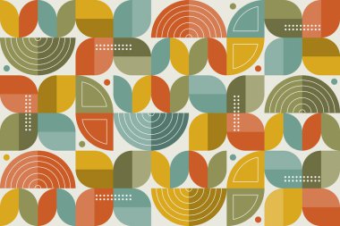 Abstract geometric background, colorful flat design of mosaic pattern with the simple shape of semi-circles, dots, and lines. Mural design. Neo geometric. Vector Illustration.