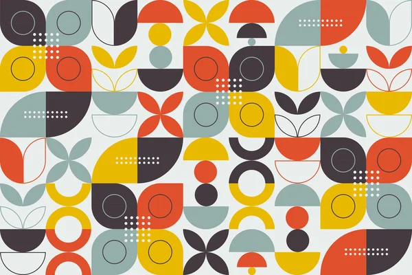 Abstract geometric background, colorful flat design of mosaic pattern with the simple shape of circles, semi-circles, dots, and lines. Mural design. Neo geometric. Vector Illustration.