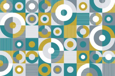 Abstract flat geometric background, mosaic pattern design with the simple shape of circles, square, and line art. Mural wallpaper. Neo geometric. Vector Illustration.