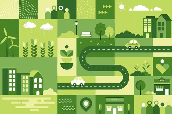 Yeşil şehir konseptinde yaşam tarzı. Geometrik düz dizaynlı şehir manzarası. Basit şehir manzarasının vektör illüstrasyonu.