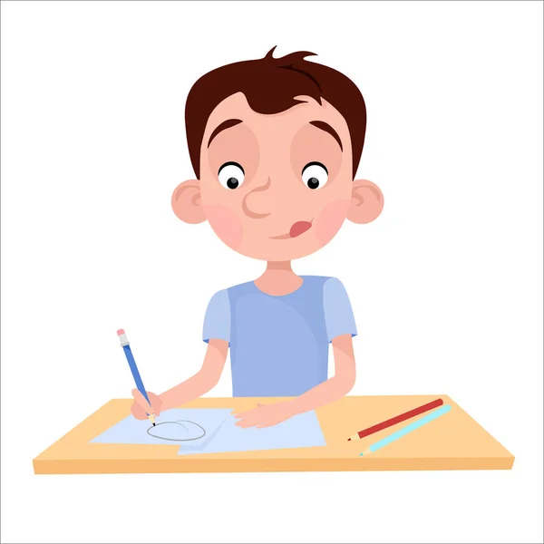 Boy Sits Table Draws Pencil — Stock Vector