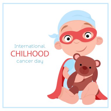 Little boy with teddy bear sits sick with cancer as a superhero on world cancer day