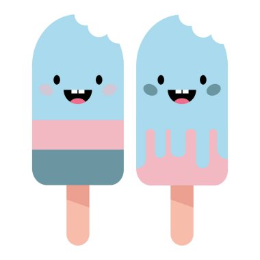 Set of two blue ice creams with eyes and a smile and a bite