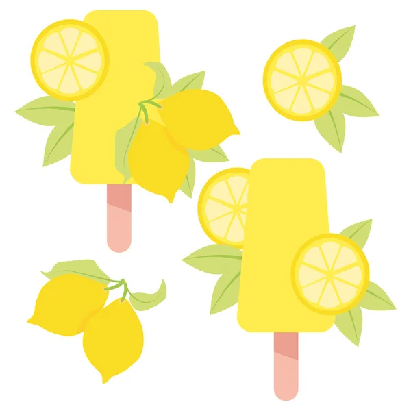 Set Yellow Ice Cream Lemon Green Leaves — 图库矢量图片