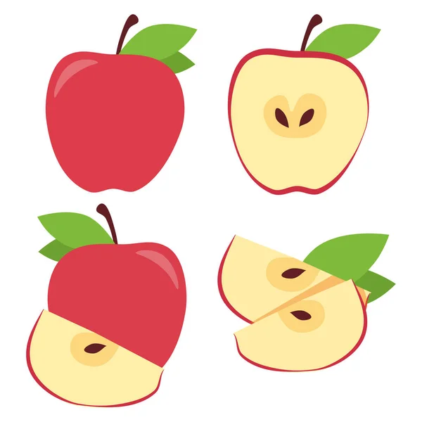 Set Red Apples Whole Cut Green Leaves — Stockvector
